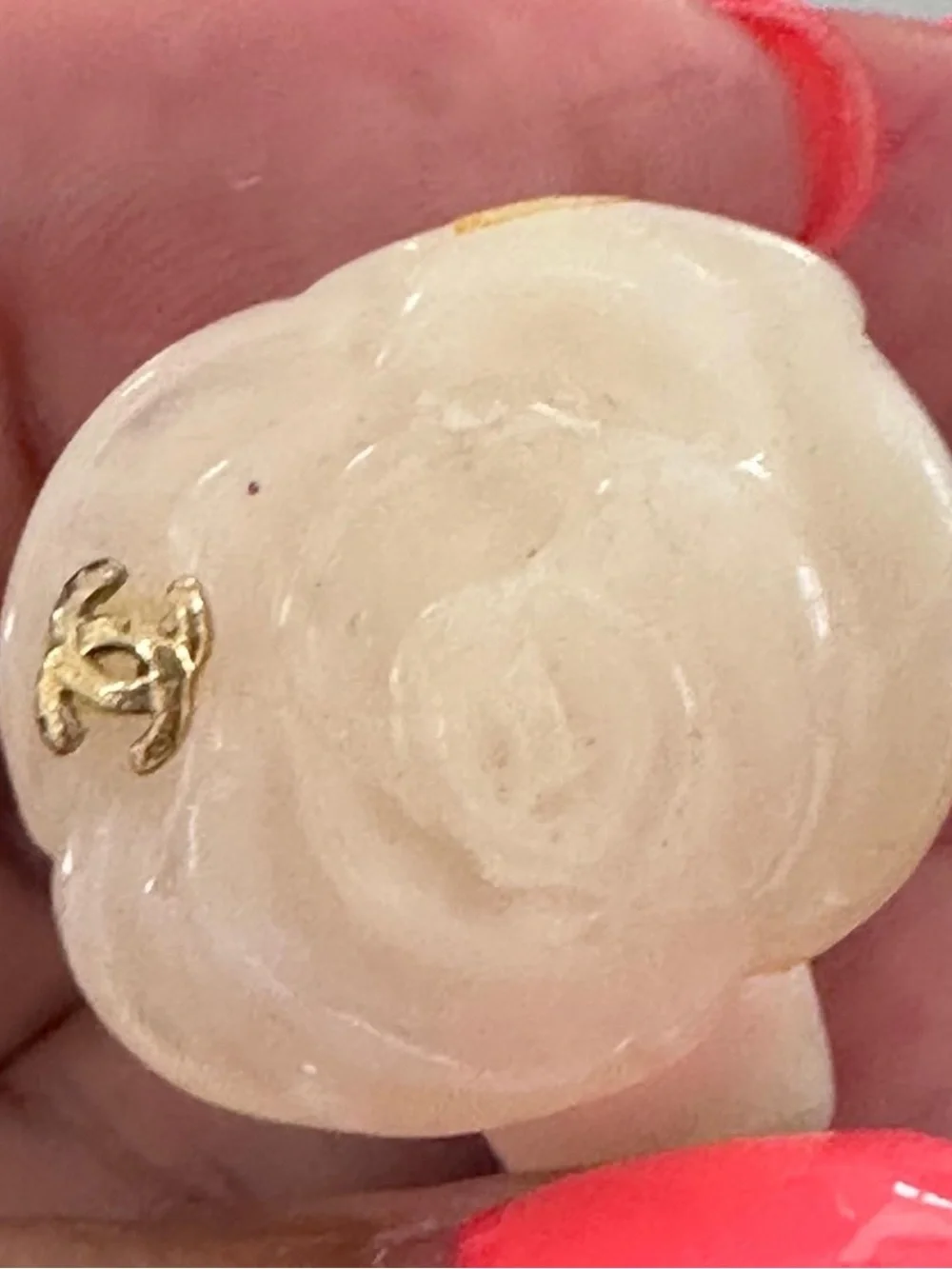 Chanel Pink Camellia Resin Ring with Gold CC Logo - Size 6 vintage